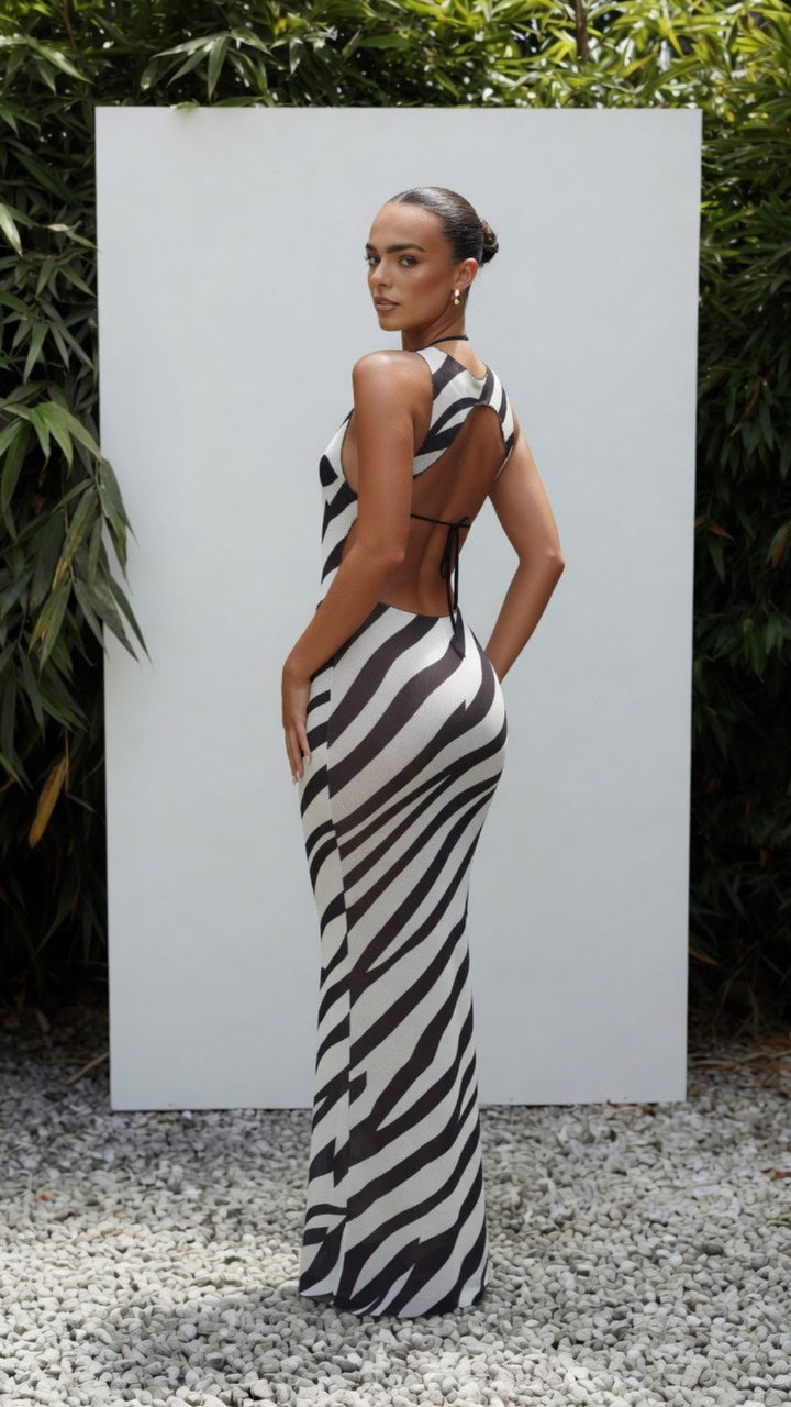 Zebra Print Asymmetrical Cutout Mesh Cover-Up Maxi Dress