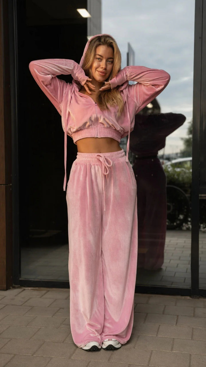 Velour Zip-Up Cropped Hoodie &amp; Wide Leg Trouser Set