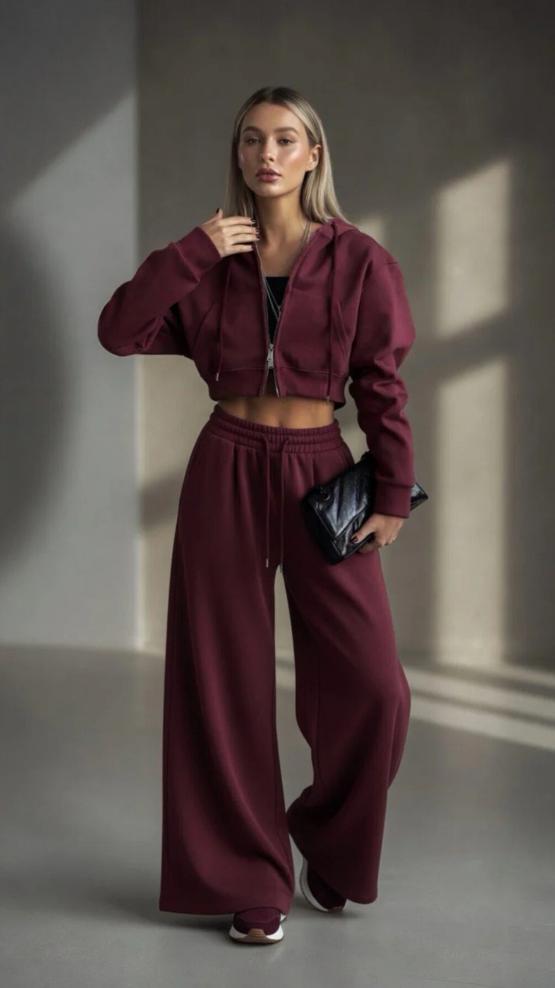 Cropped Zip-Up Hoodie &amp; Wide Leg Sweatpants Set