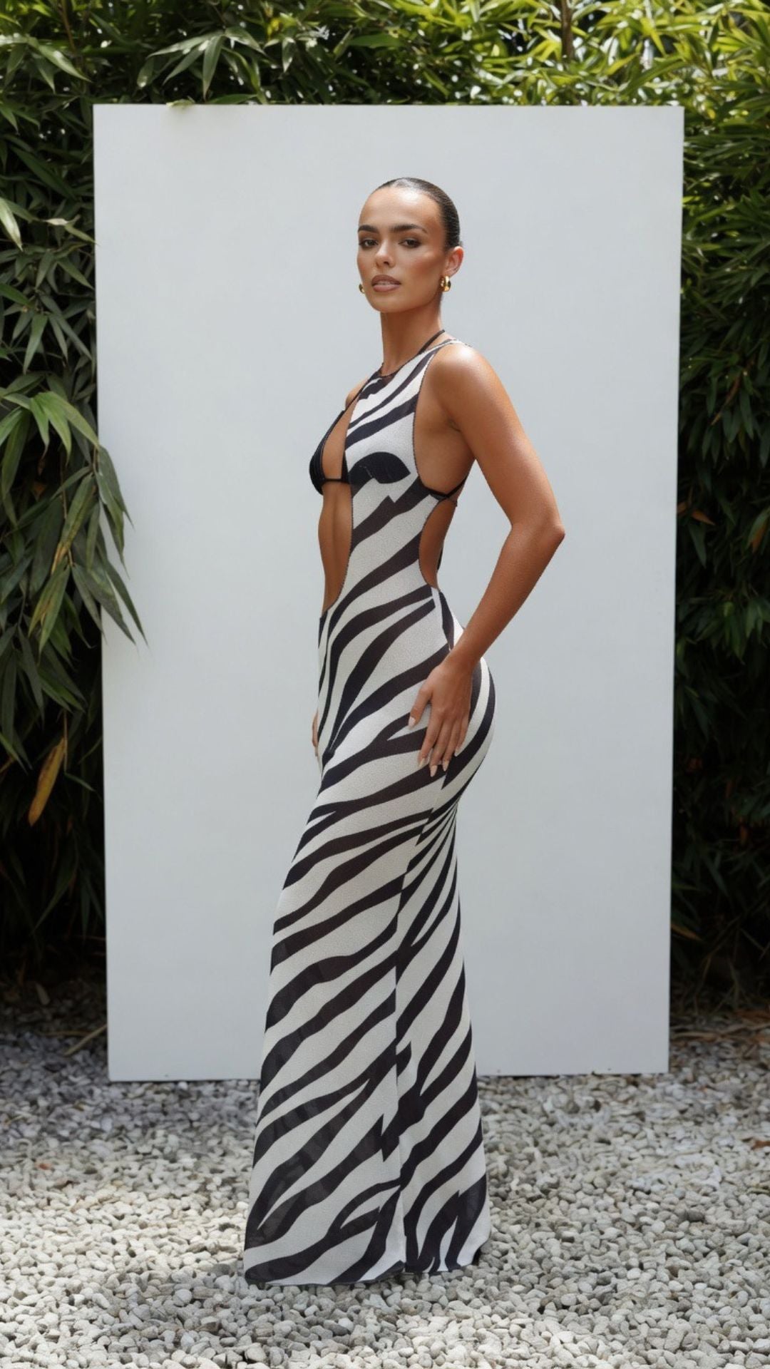 Zebra Print Asymmetrical Cutout Mesh Cover-Up Maxi Dress