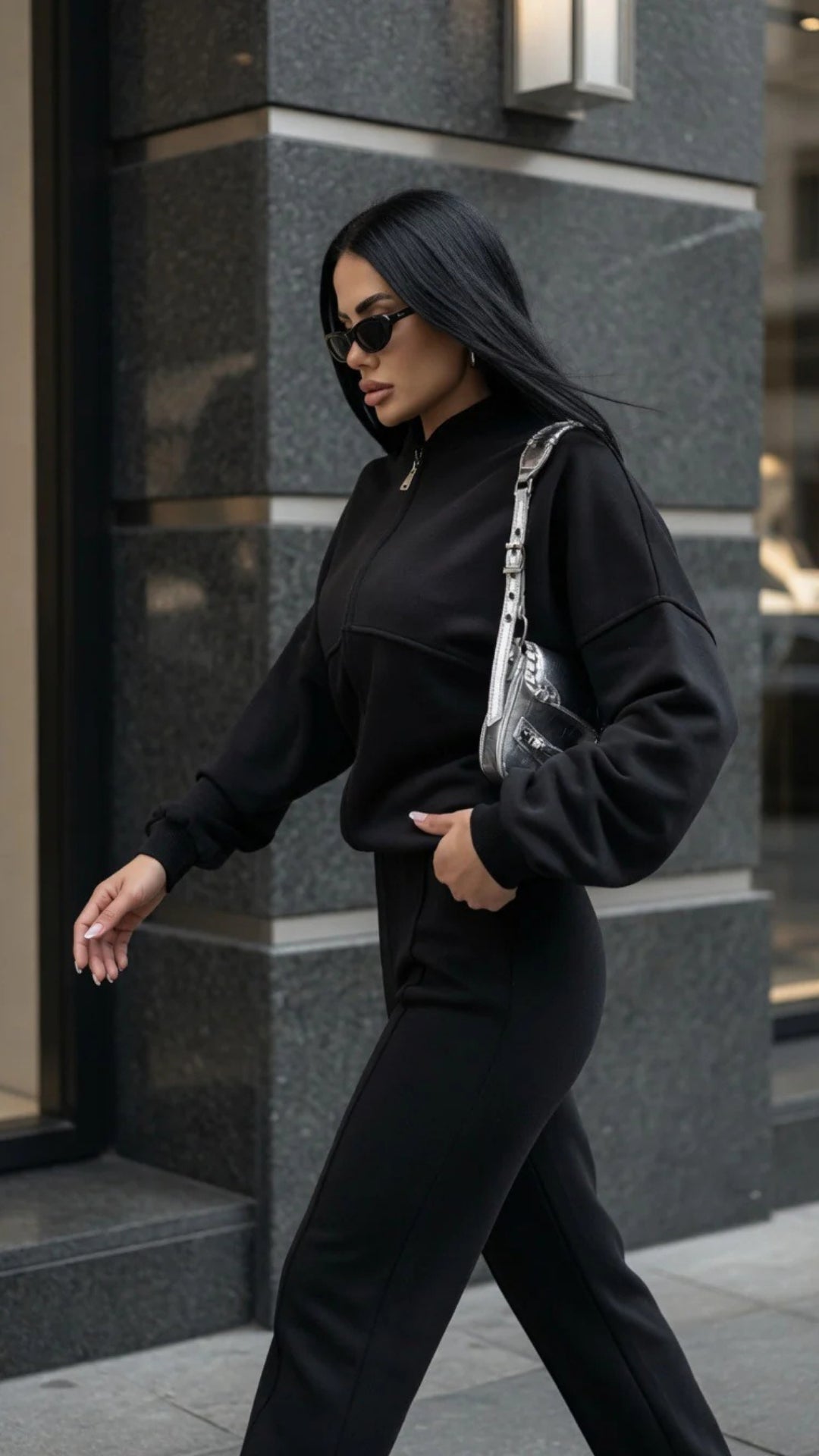 Bomber Zip-Up Cropped Sweatshirt &amp; Wide Leg Trousers Set