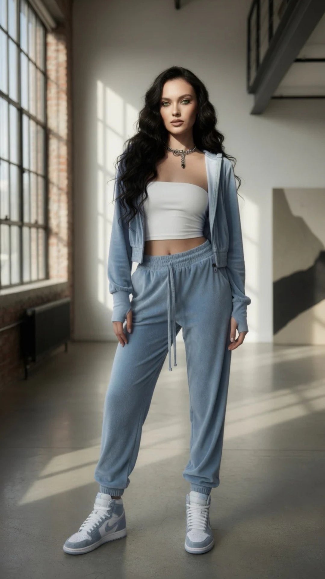 Velour Zip-Up Cropped Hoodie &amp; Wide Leg Trouser Set