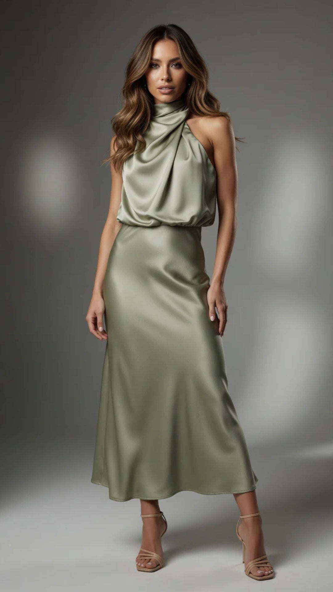 Satin Cowl Halter Neck Midi Dress