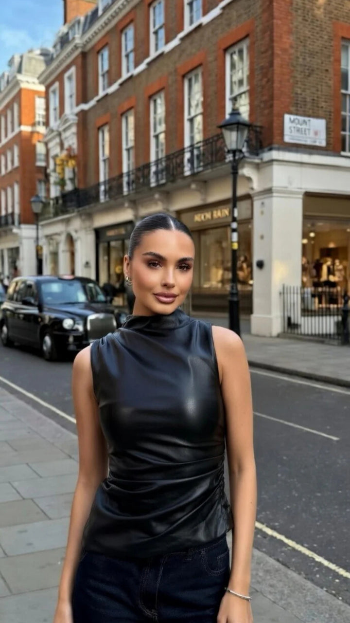 Faux Leather High Neck Sleeveless Top