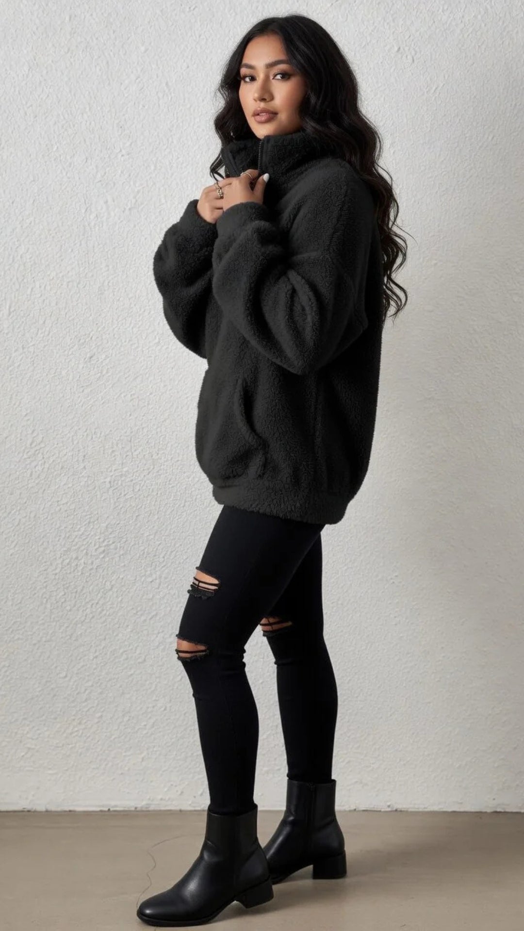 Fuzzy Zip Detail Sweatshirt