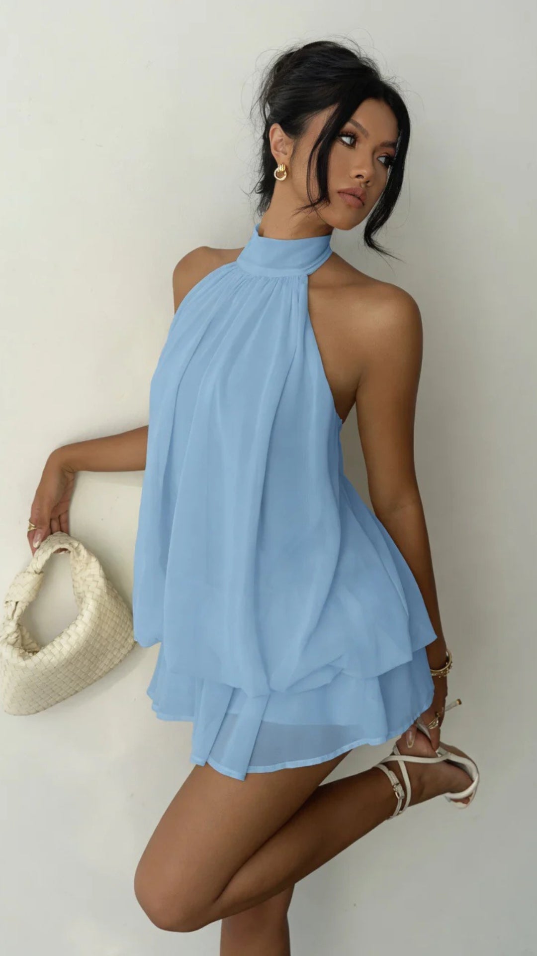 Halter-Neck Mesh Puffy Mini Dress