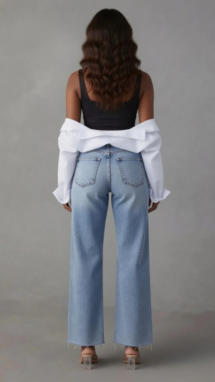 Ripped Detail Straight Denim Jeans
