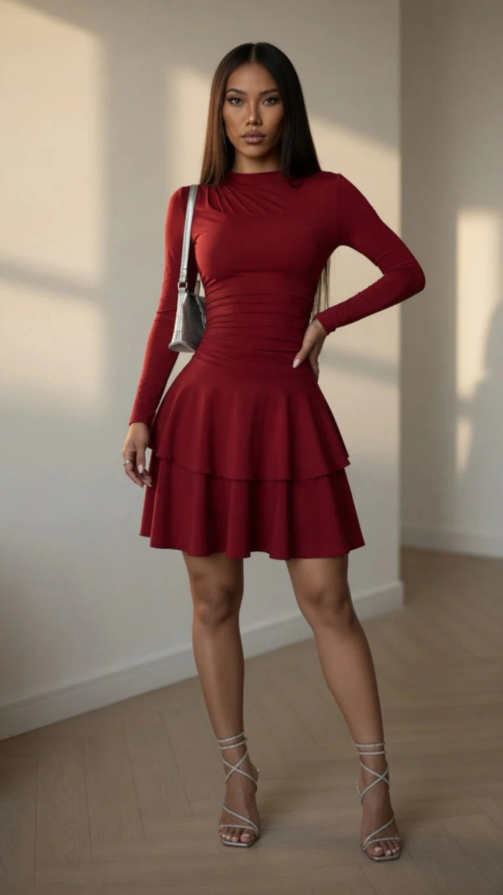 Red Long Sleeve Ruffle Mini Dress