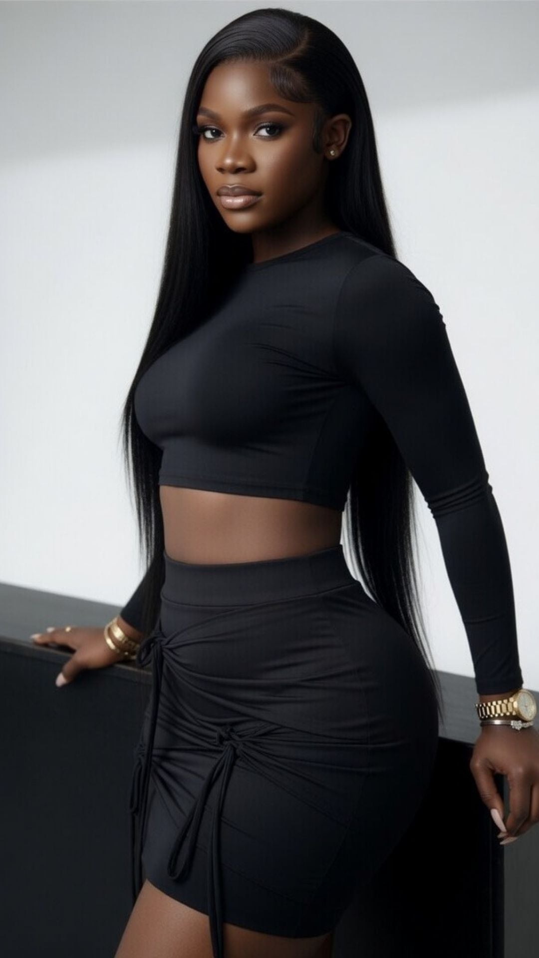 Black Long Sleeve Crop Top and Ruched Tie-Detail Mini Skirt Set