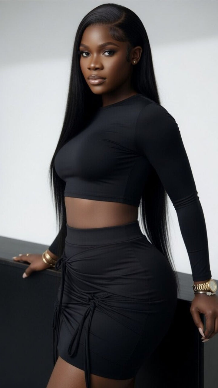 Black Long Sleeve Crop Top and Ruched Tie-Detail Mini Skirt Set