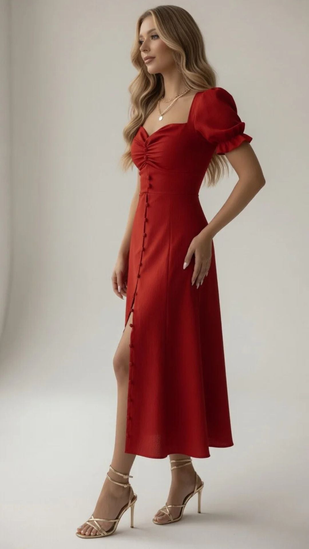 Puff Sleeve Button-Detail Split Midi Dress