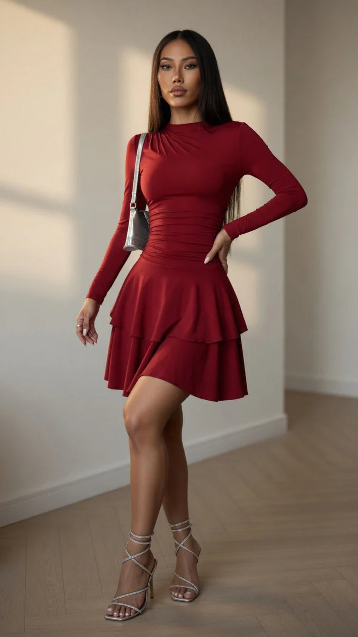 Red Long Sleeve Ruffle Mini Dress