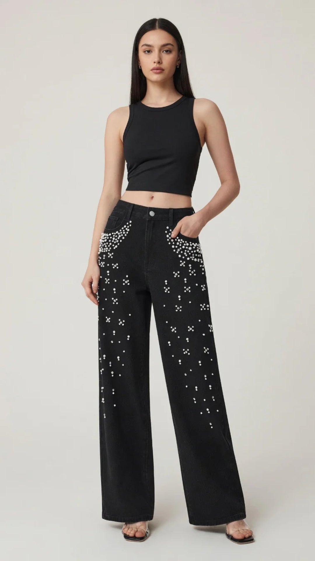 Beaded Detail Straight Leg Denim Jeans