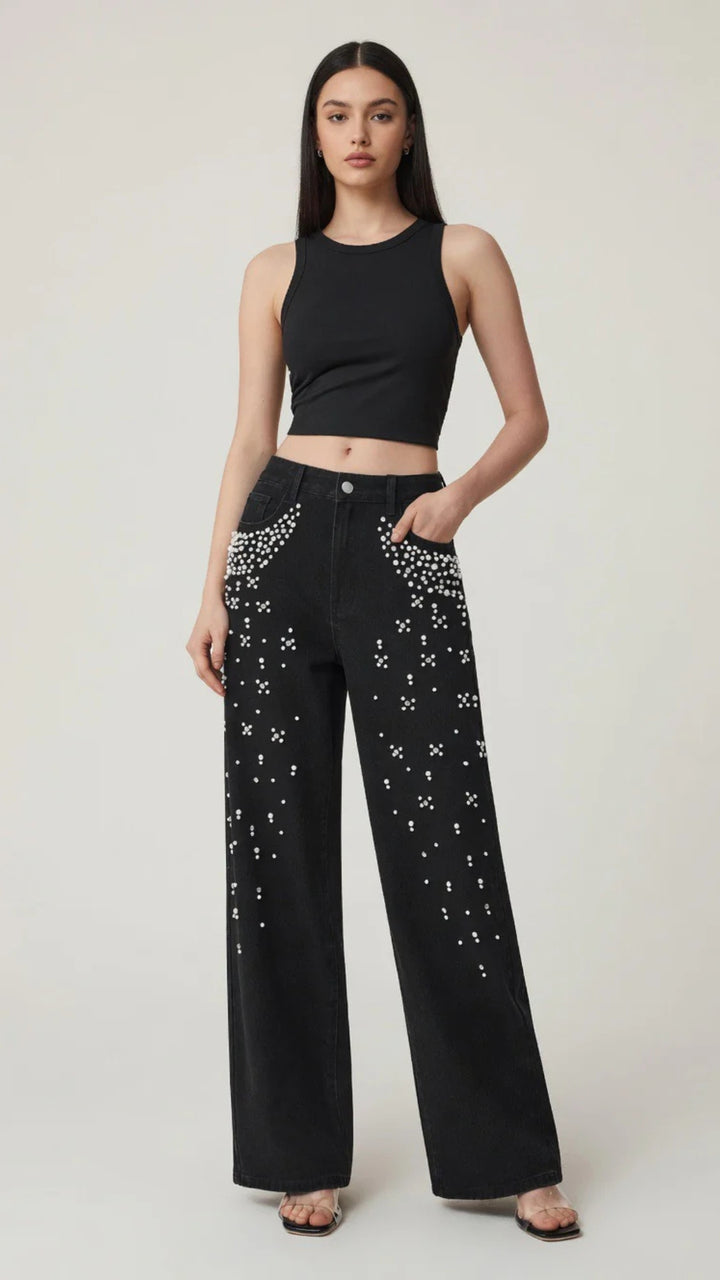Beaded Detail Straight Leg Denim Jeans