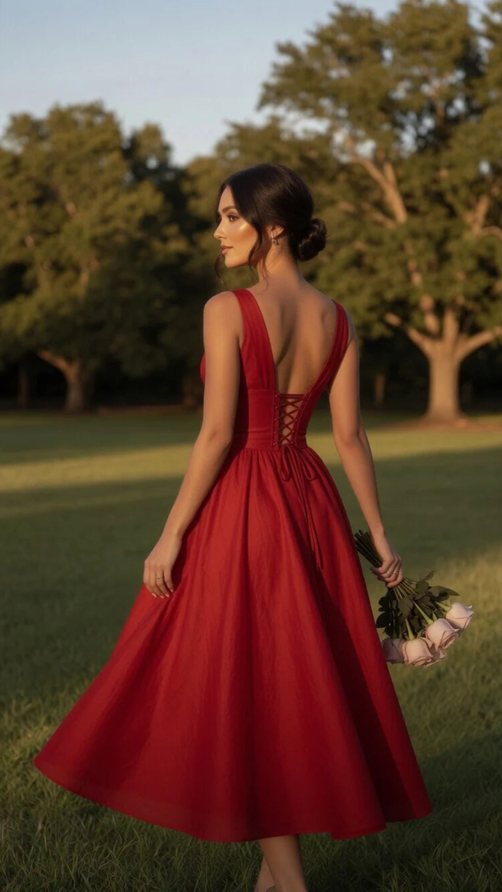 Deep V-Neck Corset Midi Dress