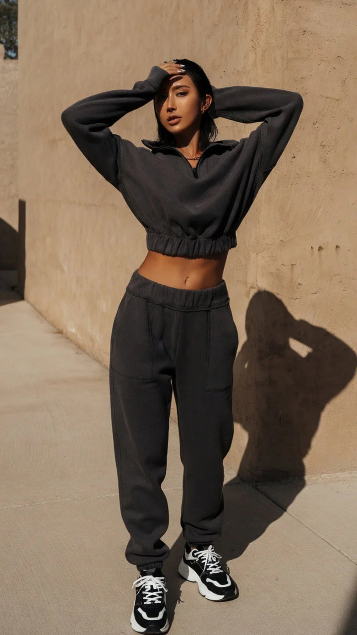 Half Zip Cropped Sweatshirt &amp; Oversized Jogger Set