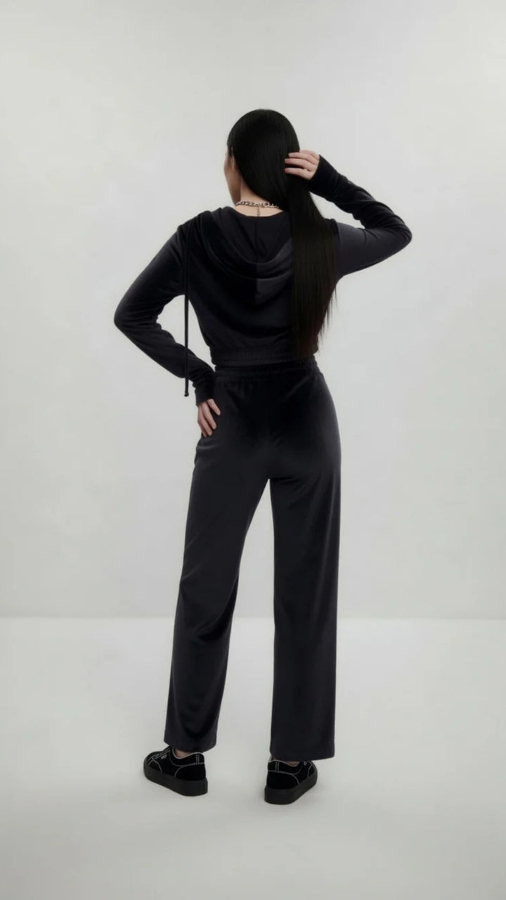Velour Zip-Up Cropped Hoodie &amp; Wide Leg Trouser Set