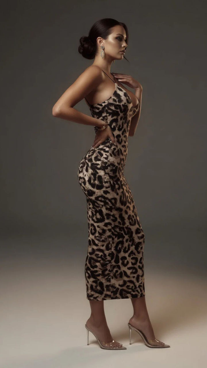 Animal Print Spaghetti Strap Bodycon Midi Dress