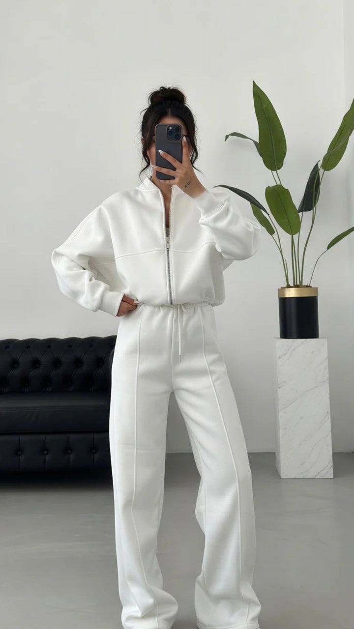 Bomber Zip-Up Cropped Sweatshirt &amp; Wide Leg Trousers Set