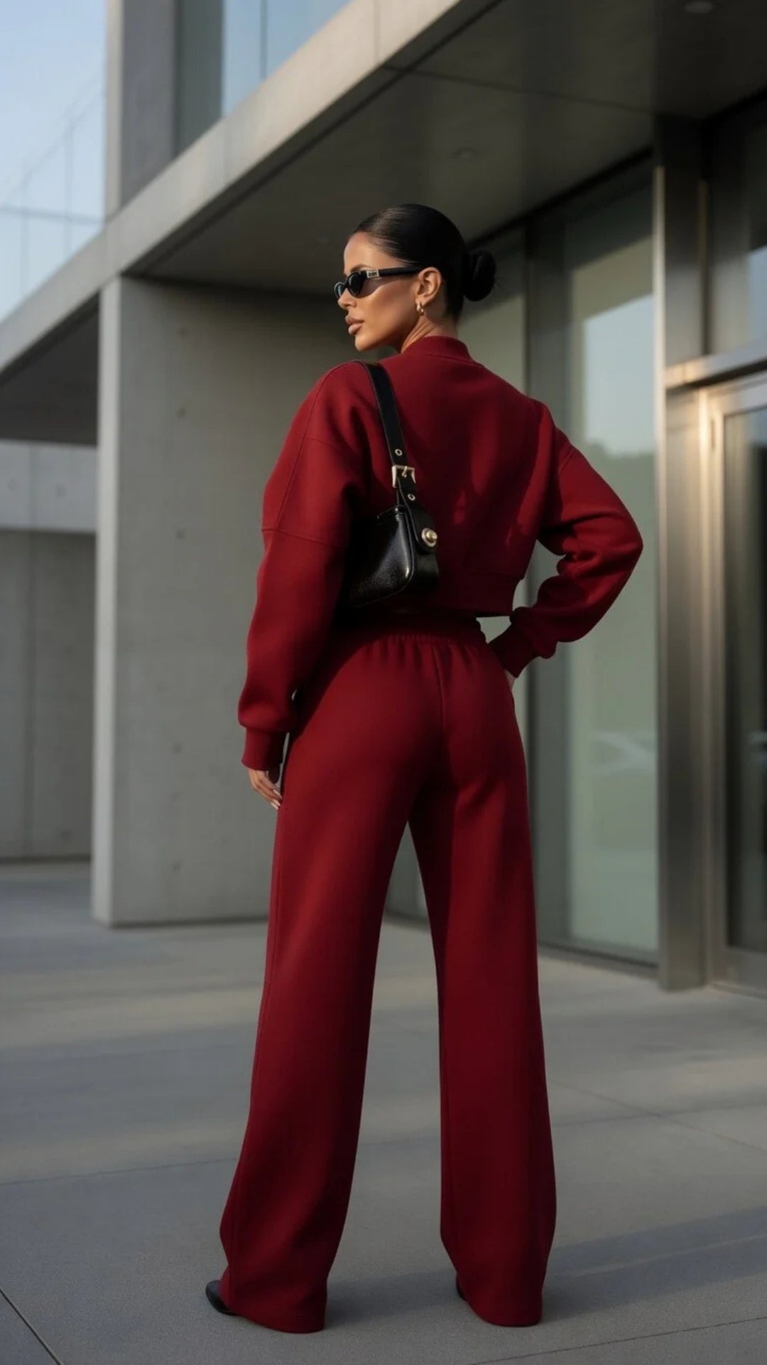 Bomber Zip-Up Cropped Sweatshirt &amp; Wide Leg Trousers Set