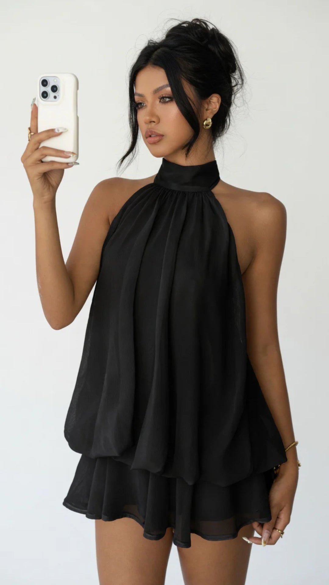Halter-Neck Mesh Puffy Mini Dress
