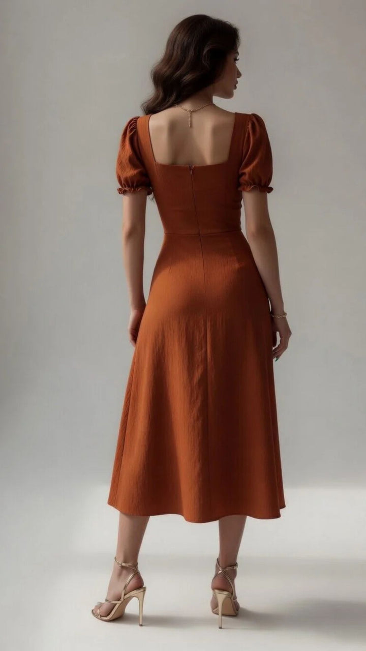 Puff Sleeve Button-Detail Split Midi Dress