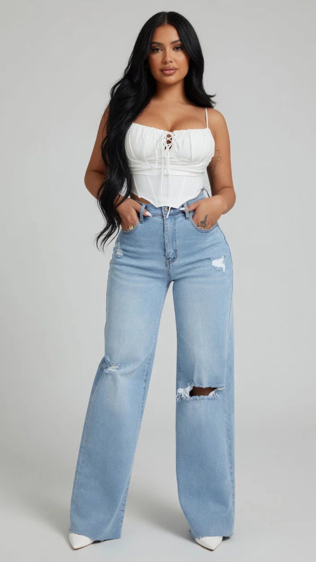 Basic Ripped Detail Straight Leg Jeans