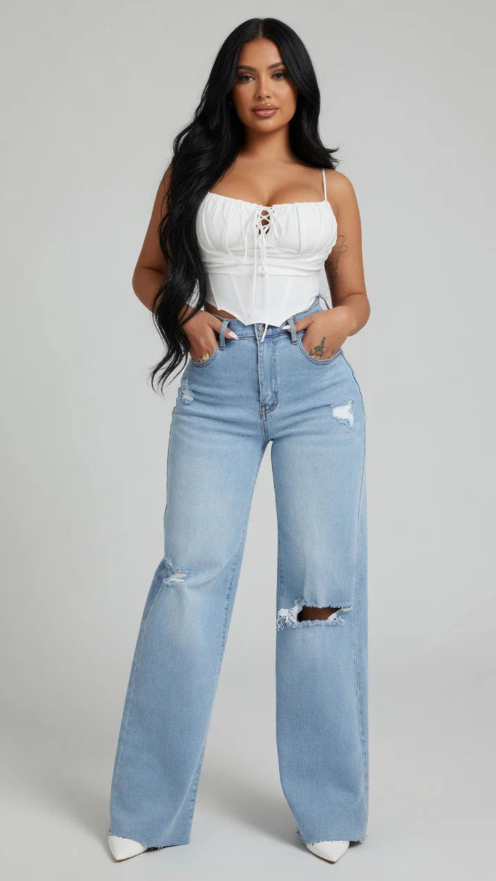 Basic Ripped Detail Straight Leg Jeans