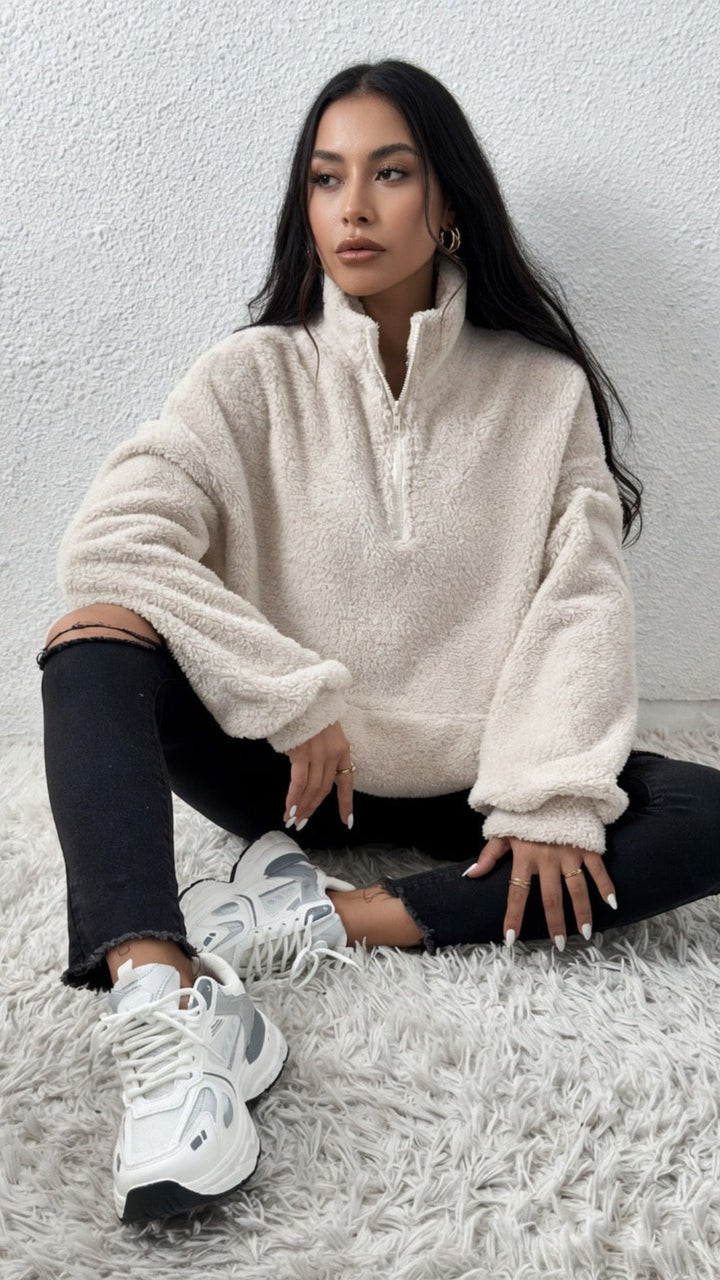 Fuzzy Zip Detail Sweatshirt