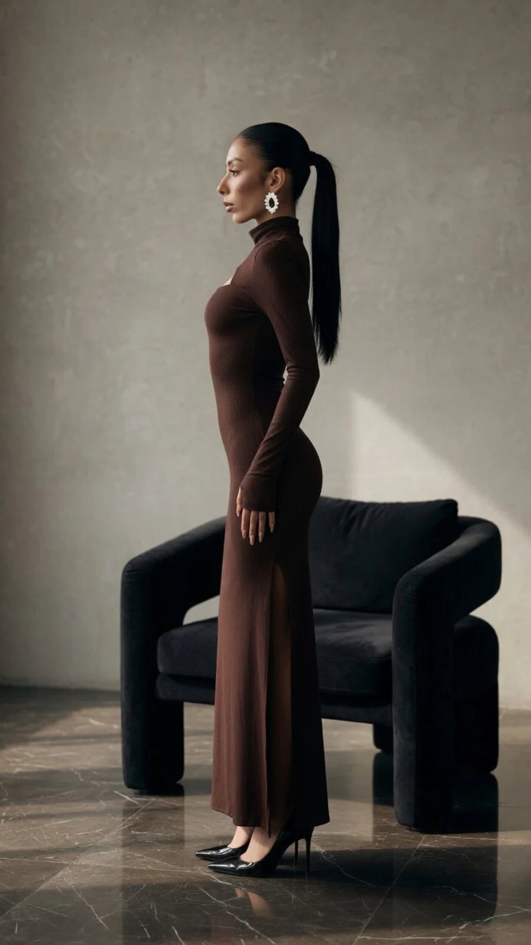High-Neck Long Sleeve Slit Maxi Dress