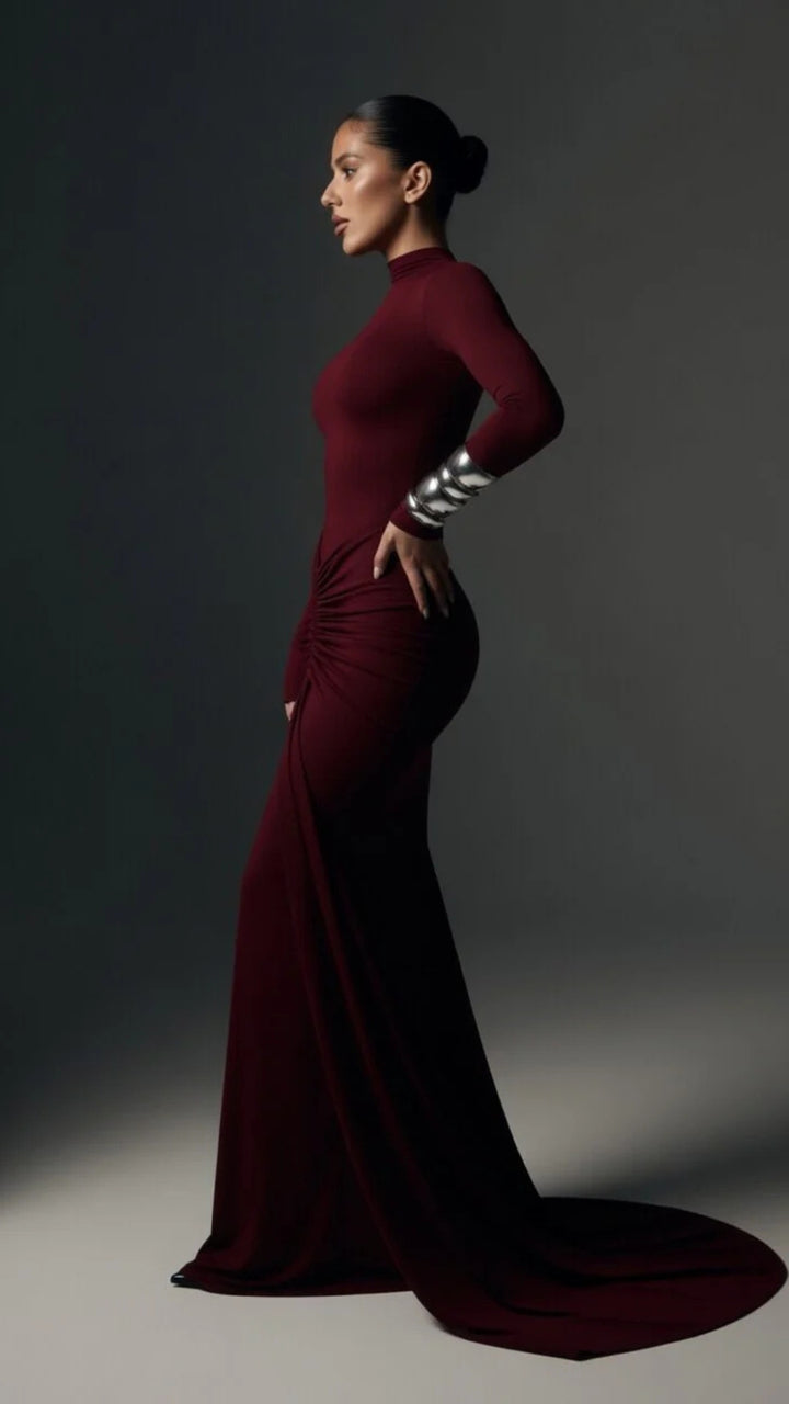 High-Neck Long-Sleeve Maxi Dress