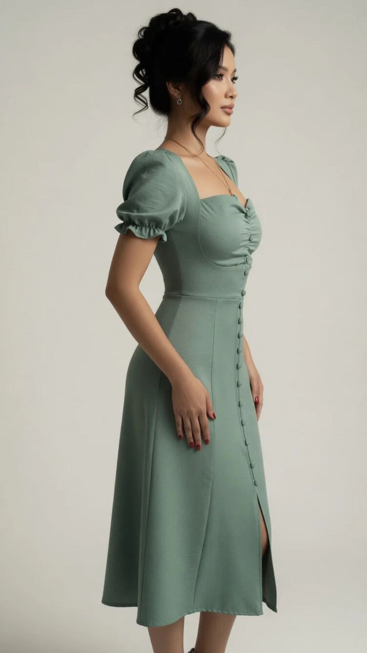 Puff Sleeve Button-Detail Split Midi Dress