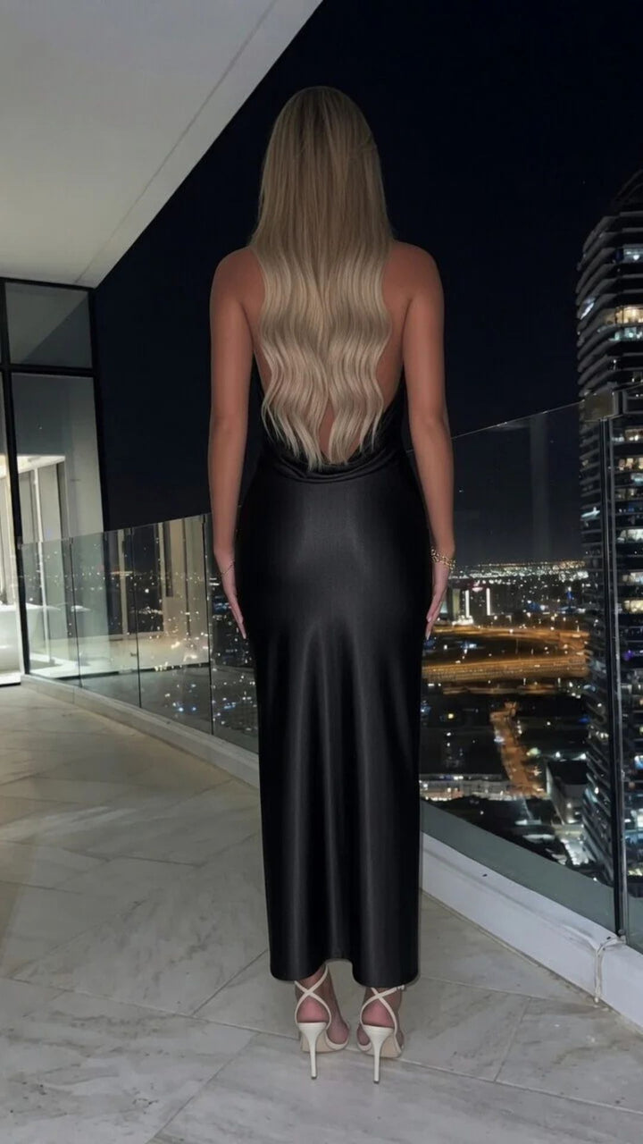 Satin Cowl-Neck Midi Dress