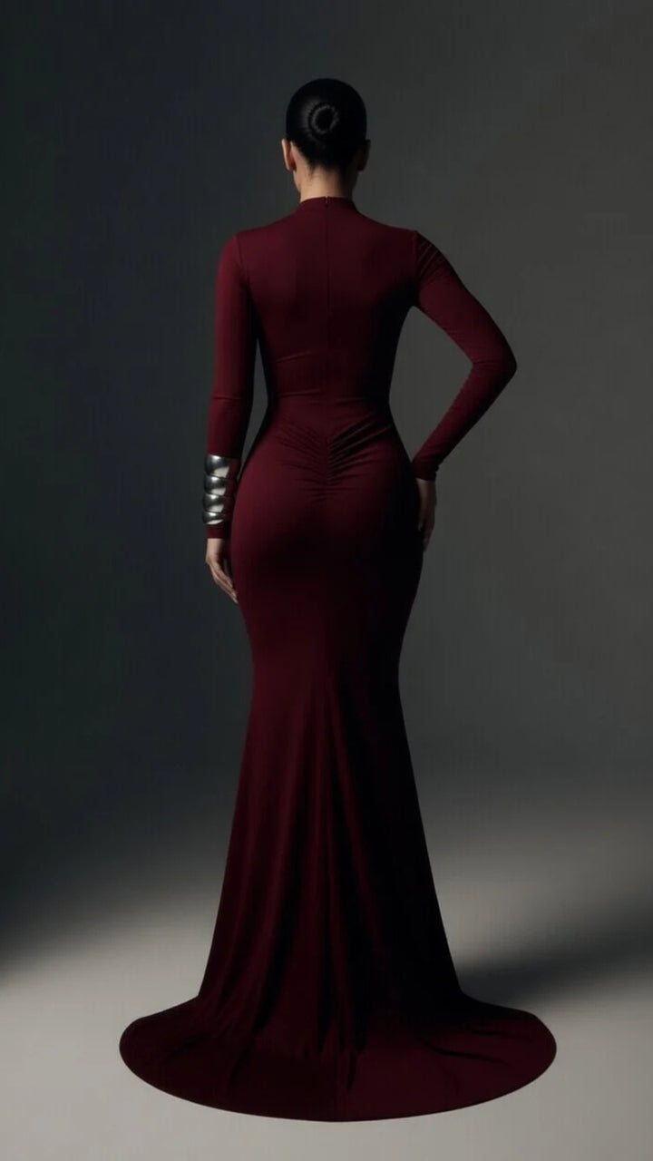 High-Neck Long-Sleeve Maxi Dress
