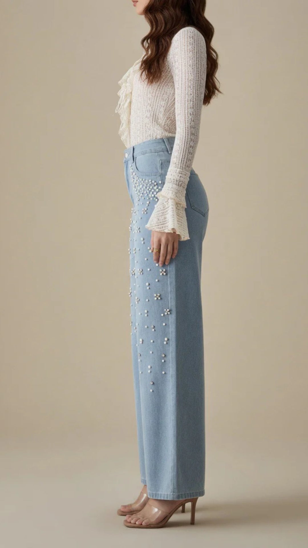 Beaded Detail Straight Leg Denim Jeans
