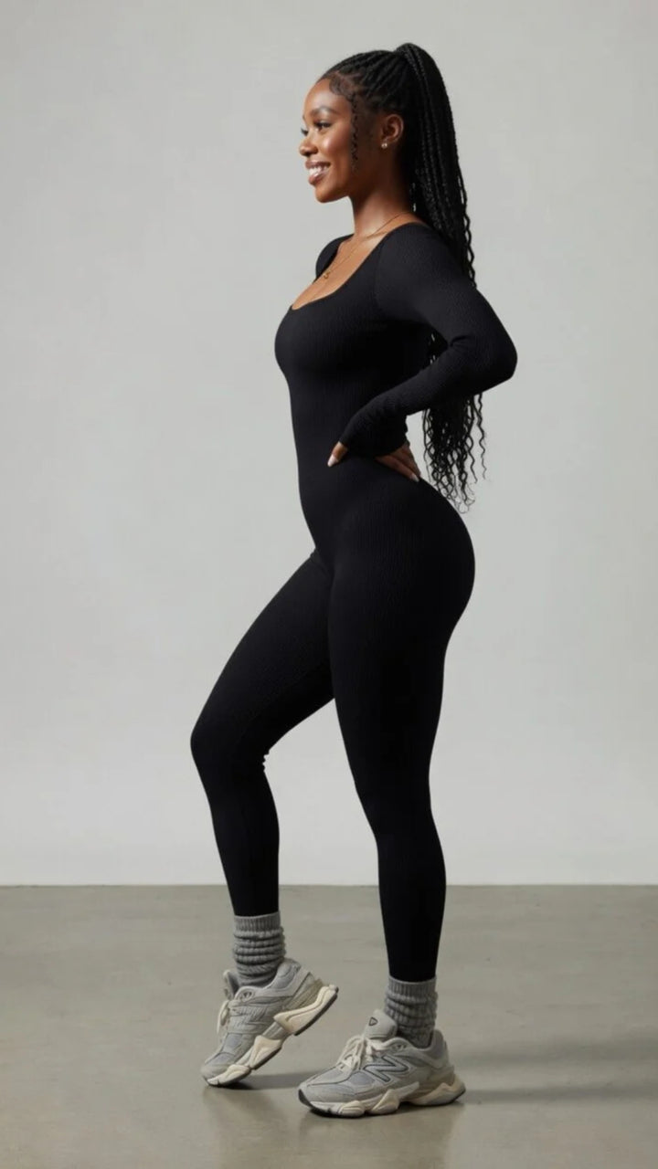 Ribbed Long Sleeve Scoop Neck Jumpsuit