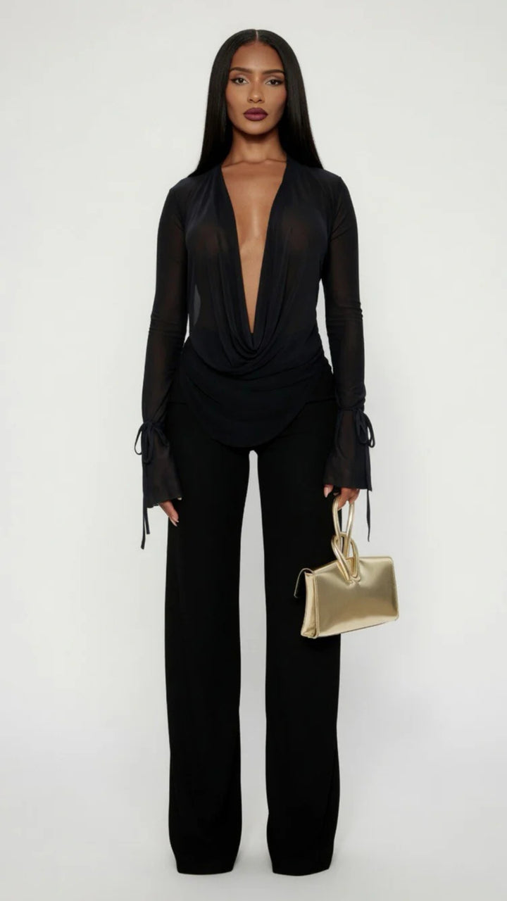 Mesh Deep Cowl-Neck Top and Trouser Set