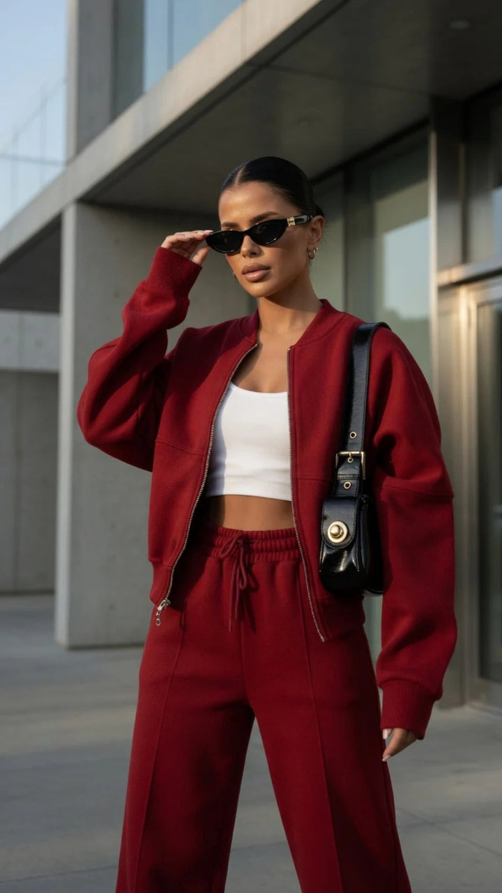 Bomber Zip-Up Cropped Sweatshirt &amp; Wide Leg Trousers Set