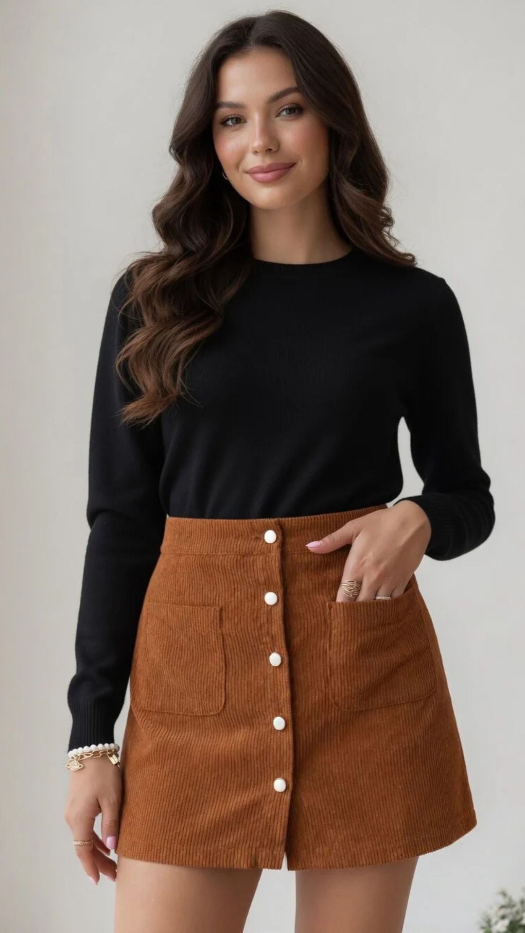 Corduroy Button Detail Mini Skirt with Pockets