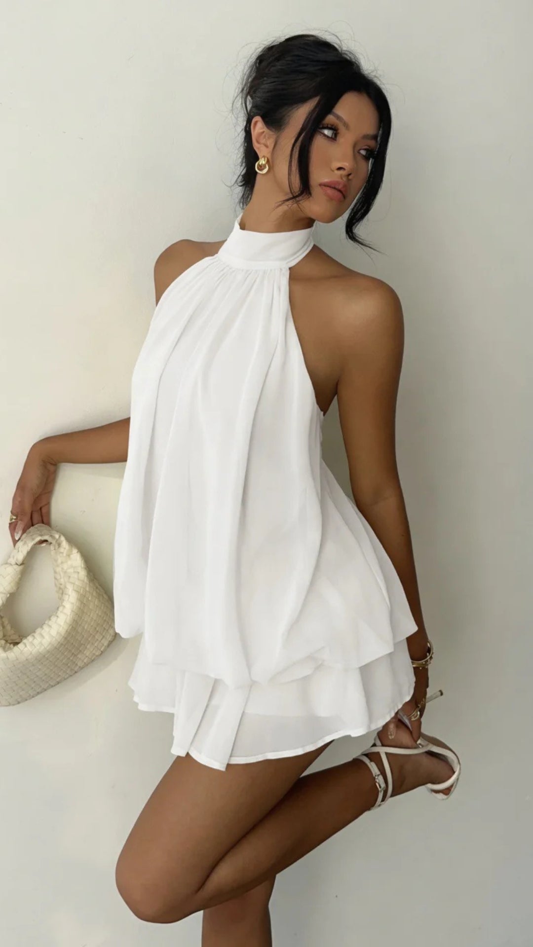 Halter-Neck Mesh Puffy Mini Dress