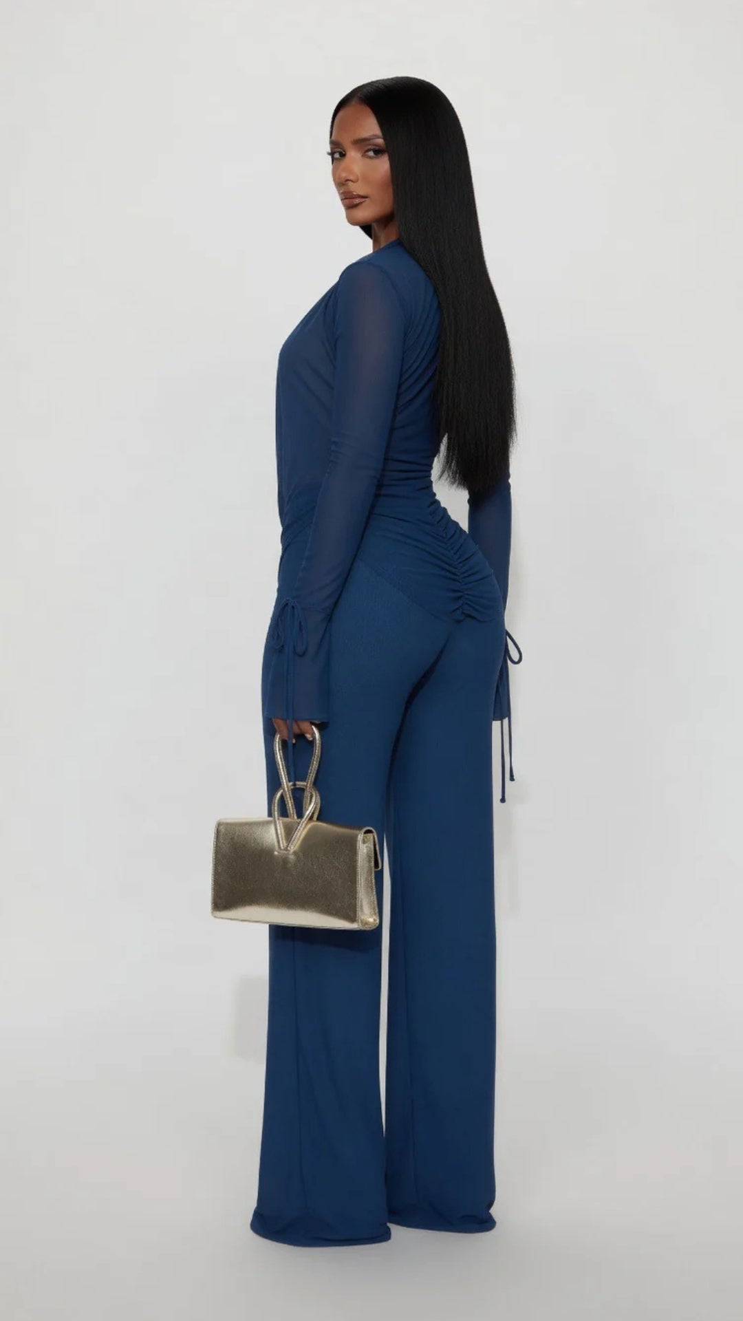 Mesh Deep Cowl-Neck Top and Trouser Set
