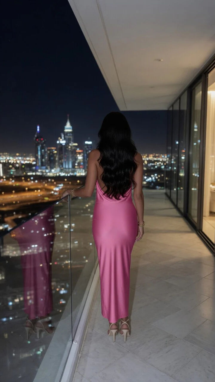 Satin Cowl-Neck Midi Dress