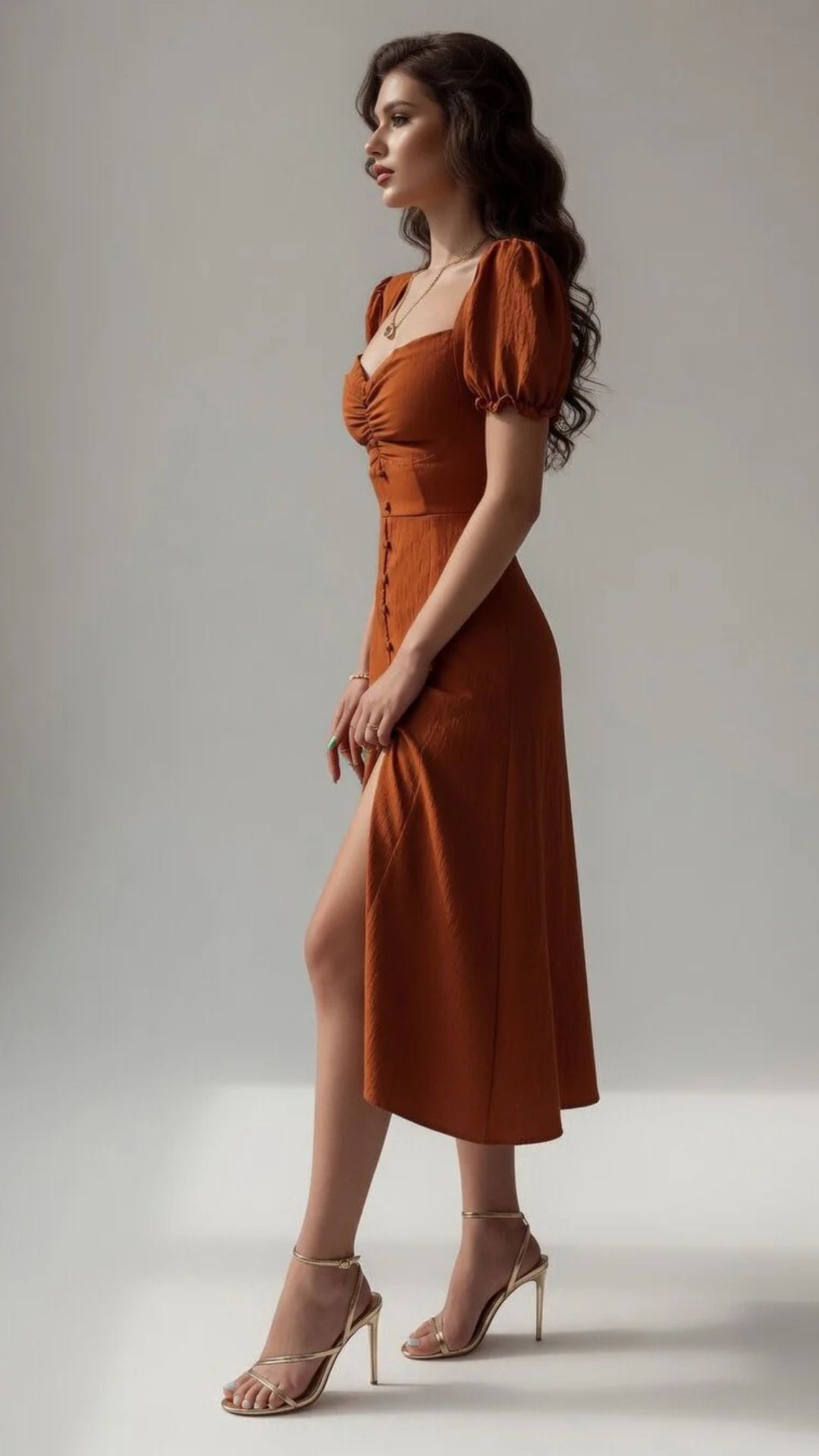 Puff Sleeve Button-Detail Split Midi Dress