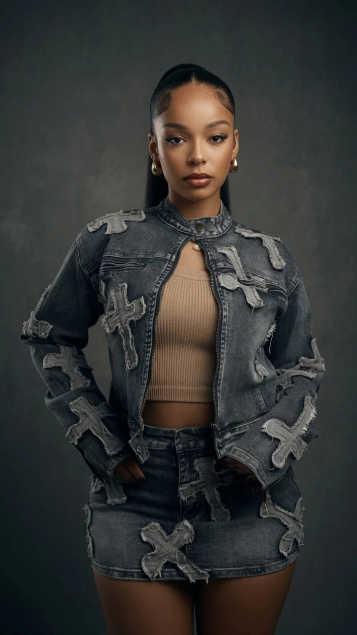 Cross Appliqué Patch Zip-Up Denim Jacket &amp; Mini Skirt Set