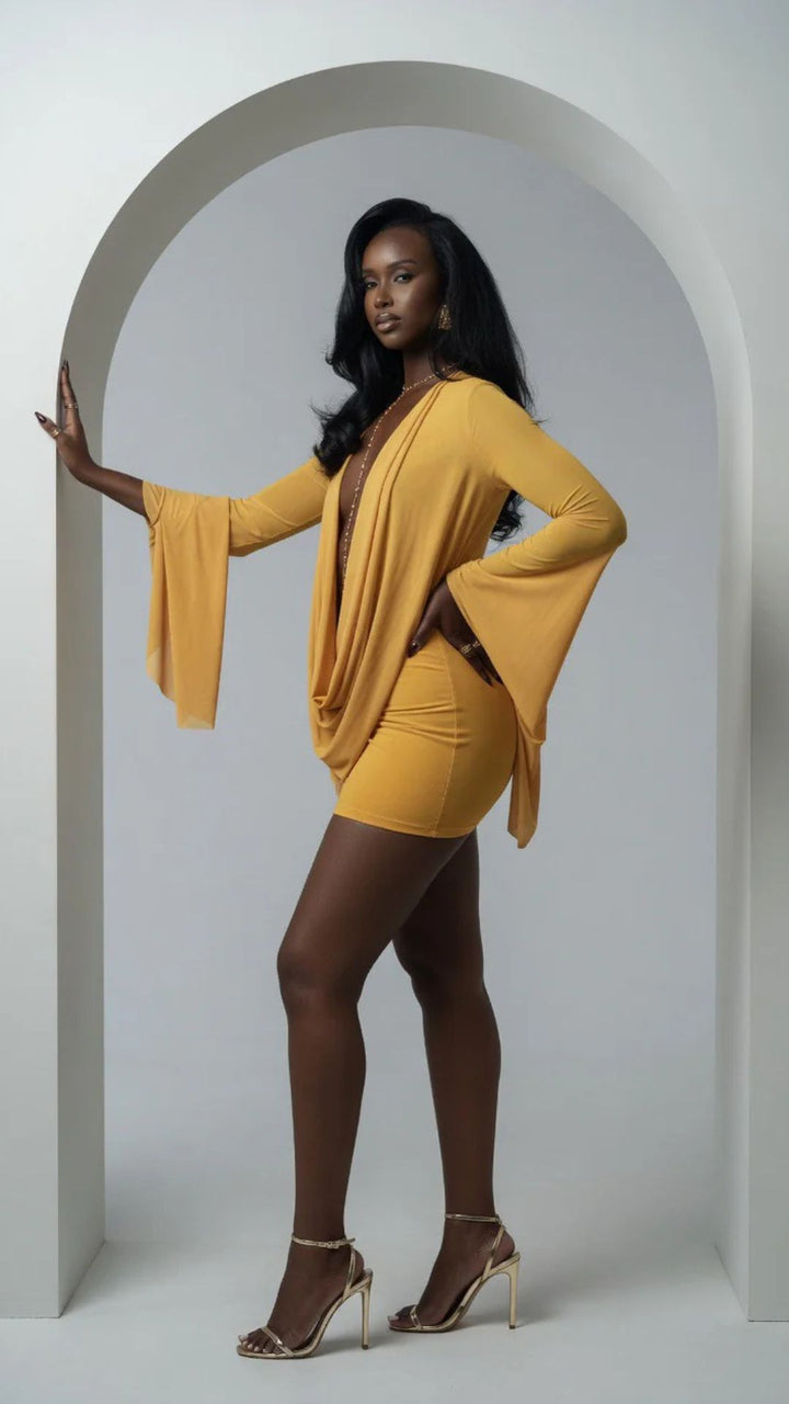 Mesh Cowl-Neck Long Sleeve Mini Dress
