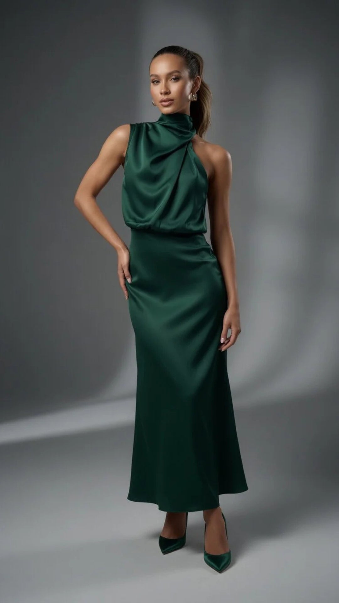 Satin Cowl Halter Neck Midi Dress