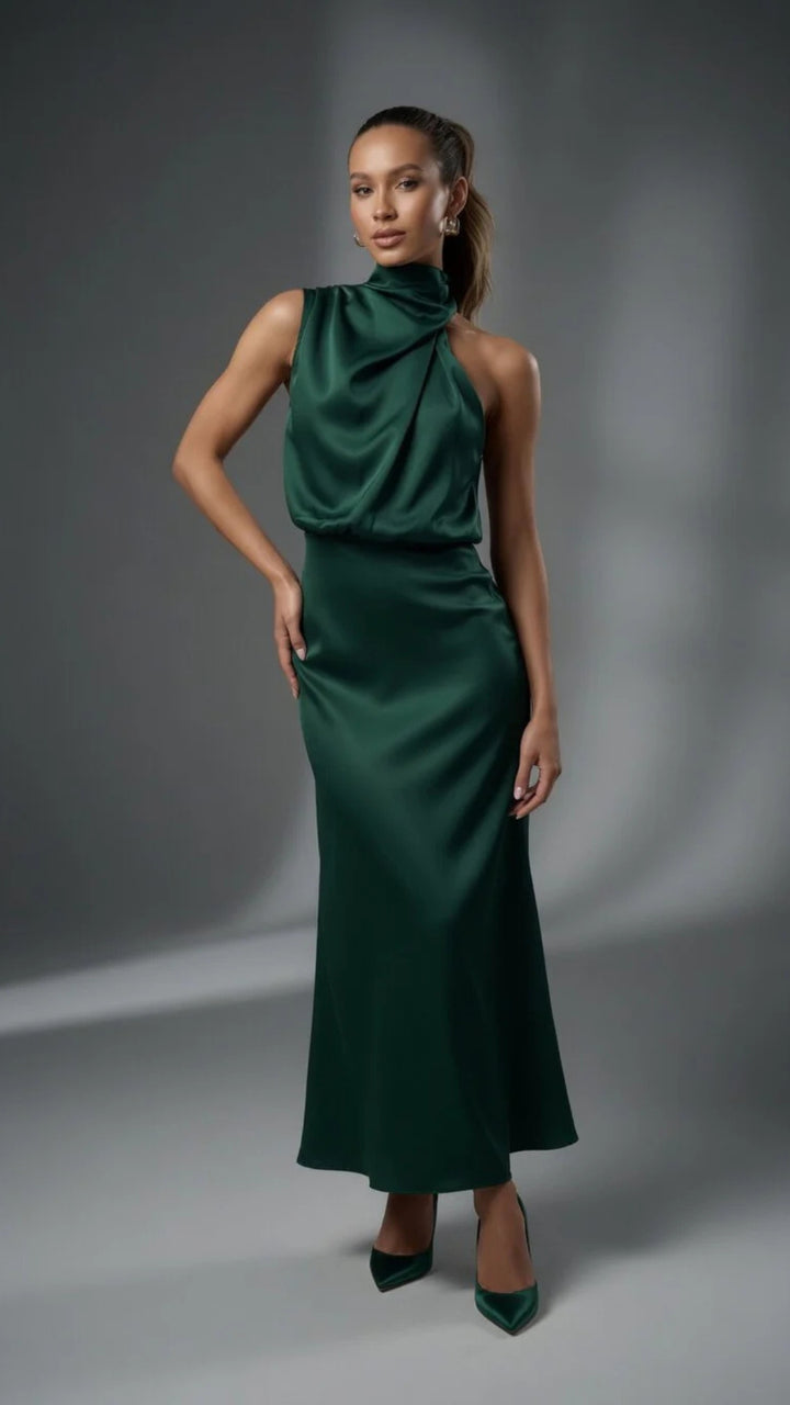 Satin Cowl Halter Neck Midi Dress