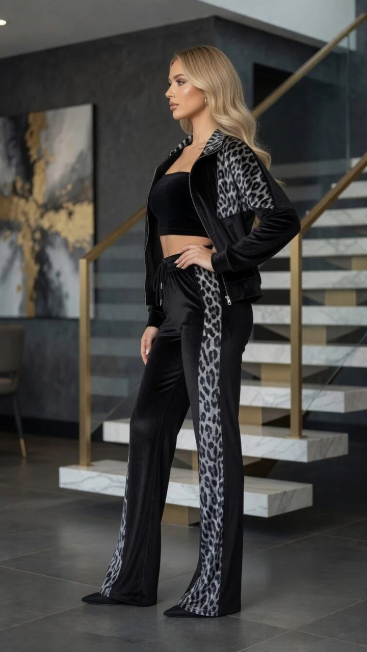 Velour Leopard Print Zip-Up Jacket &amp; Trouser Set