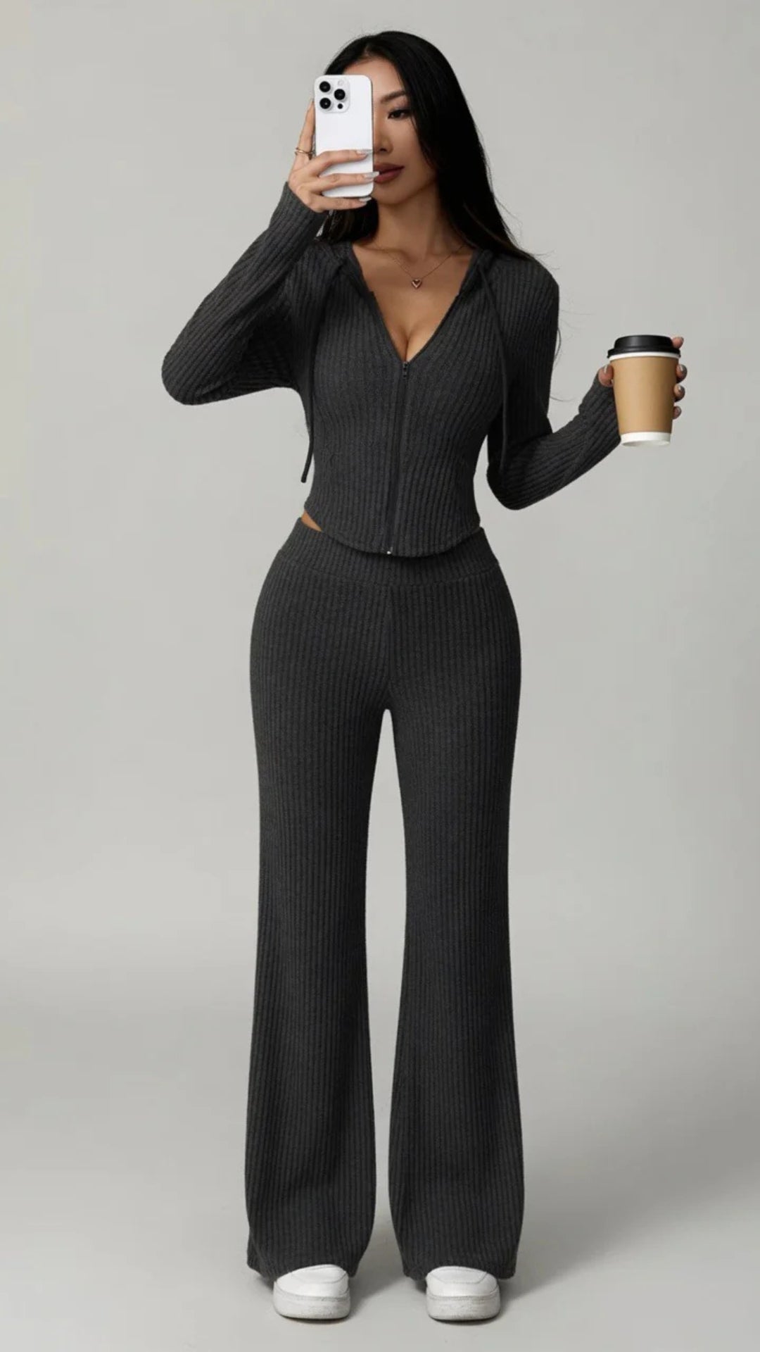 Ribbed Knit Hoodie &amp; Flare Trouser Set