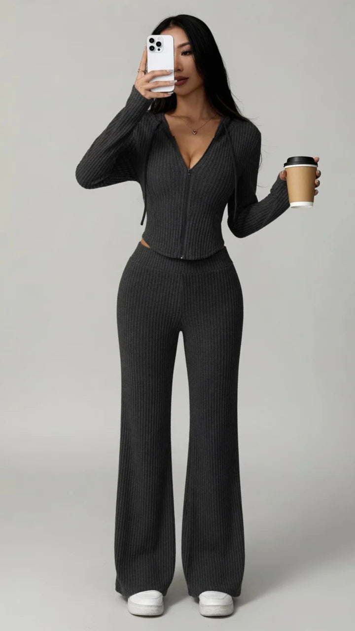 Ribbed Knit Hoodie &amp; Flare Trouser Set